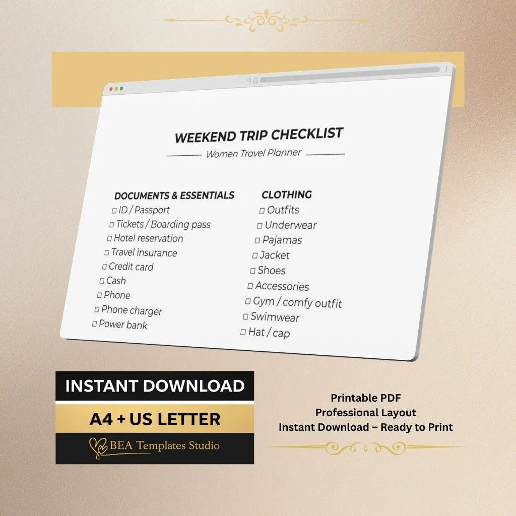 Weekend Trip Checklist for Women, Packing List PDF, Short Travel Planner (A4 US Letter)