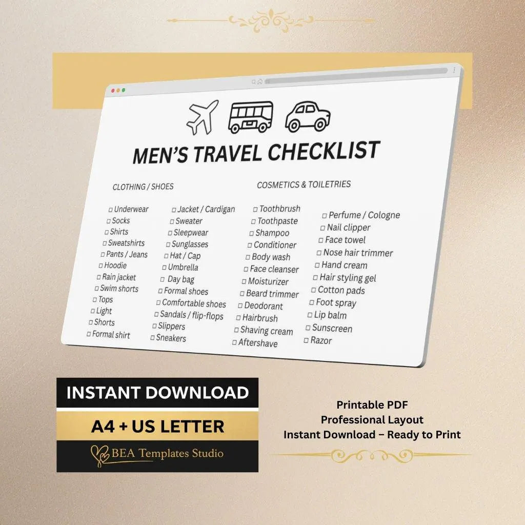 Men Travel Checklist, Packing List for Men, Vacation Planner PDF (A4 US Letter)