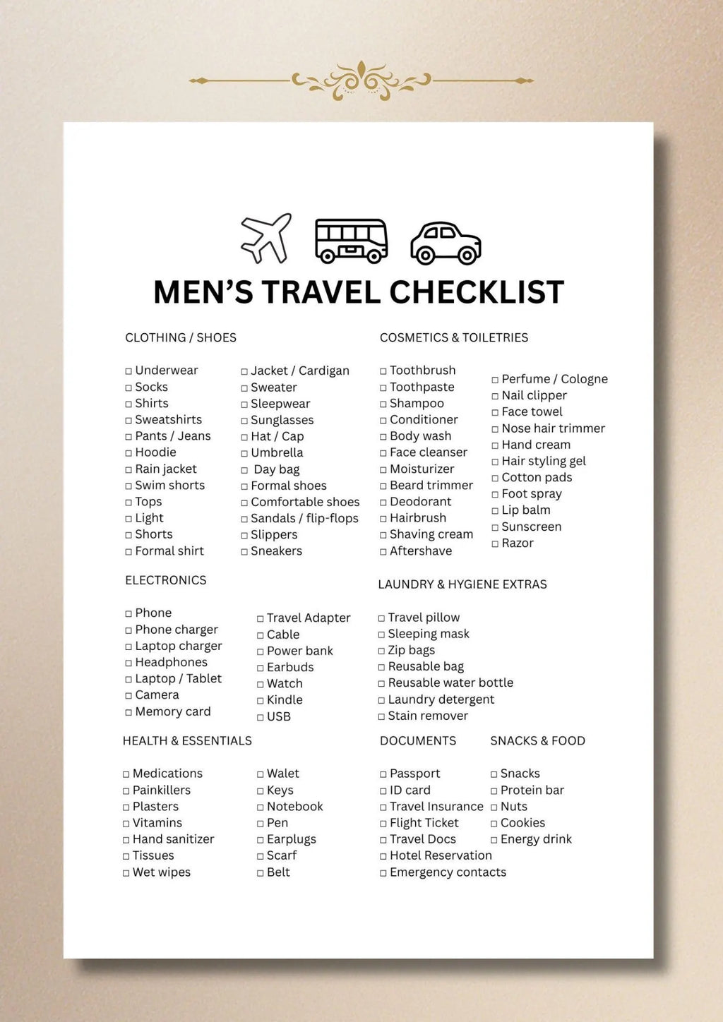 Men Travel Checklist, Packing List for Men, Vacation Planner PDF (A4 US Letter)