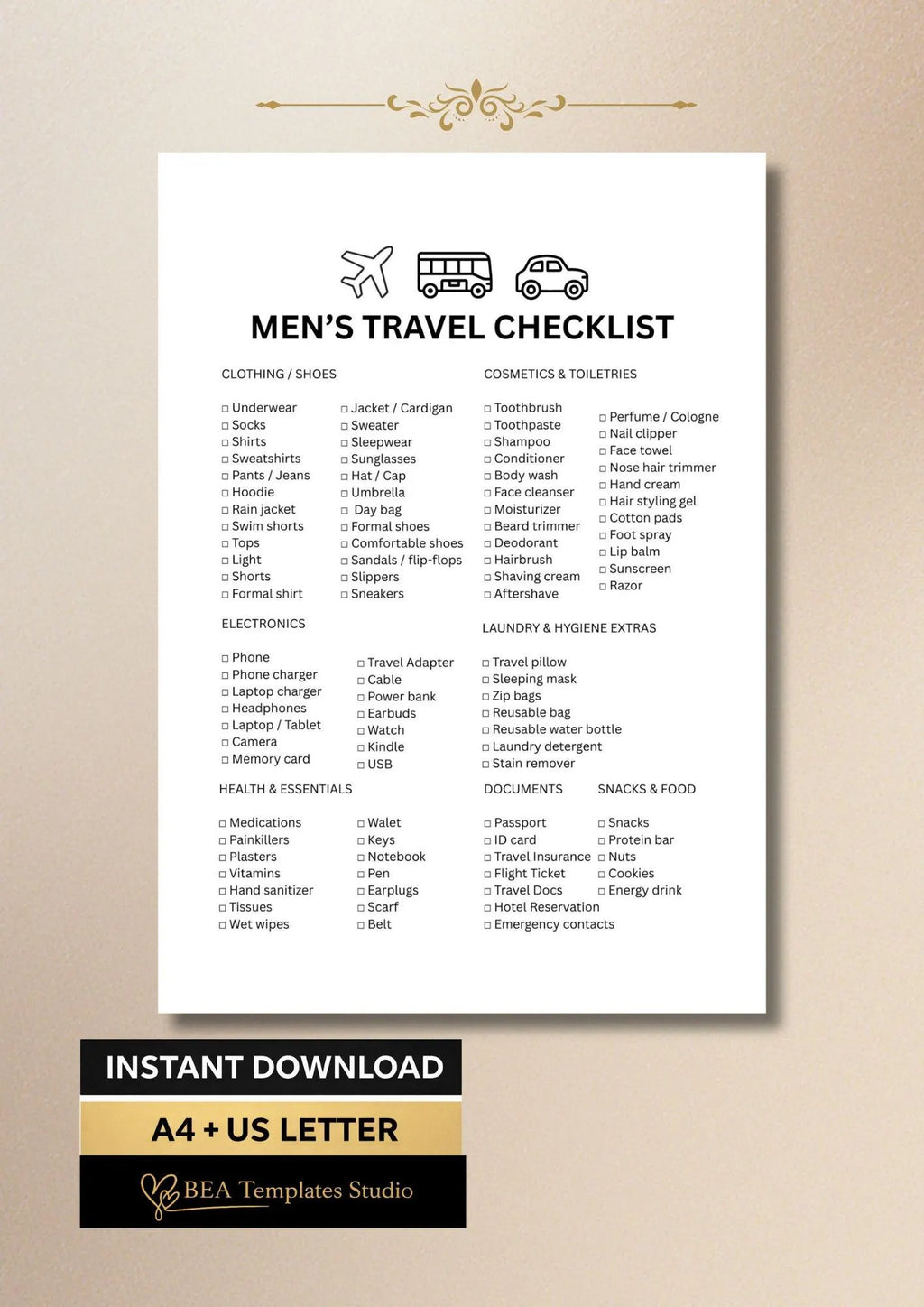 Men Travel Checklist, Packing List for Men, Vacation Planner PDF (A4 US Letter)