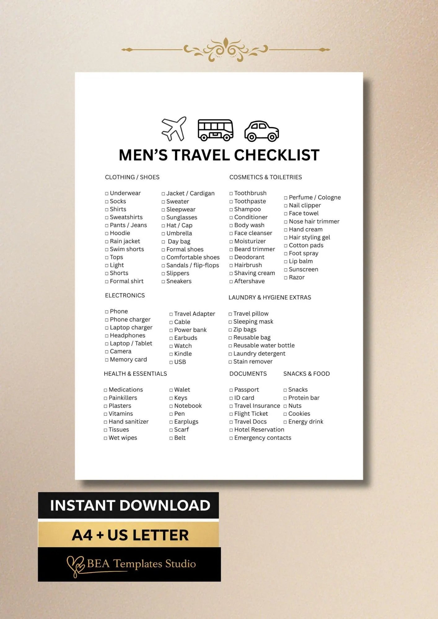Men Travel Checklist, Packing List for Men, Vacation Planner PDF (A4 US Letter)