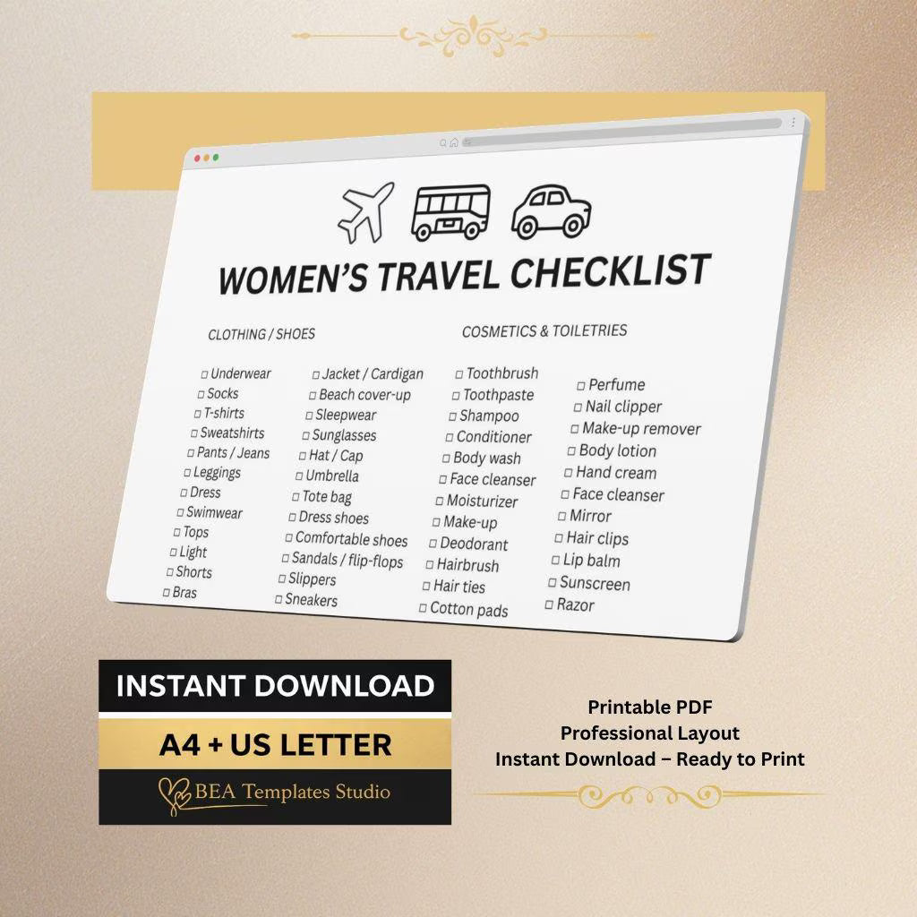 Travel Packing List Printable, Vacation Checklist PDF, Women Trip Planner A4 US Letter