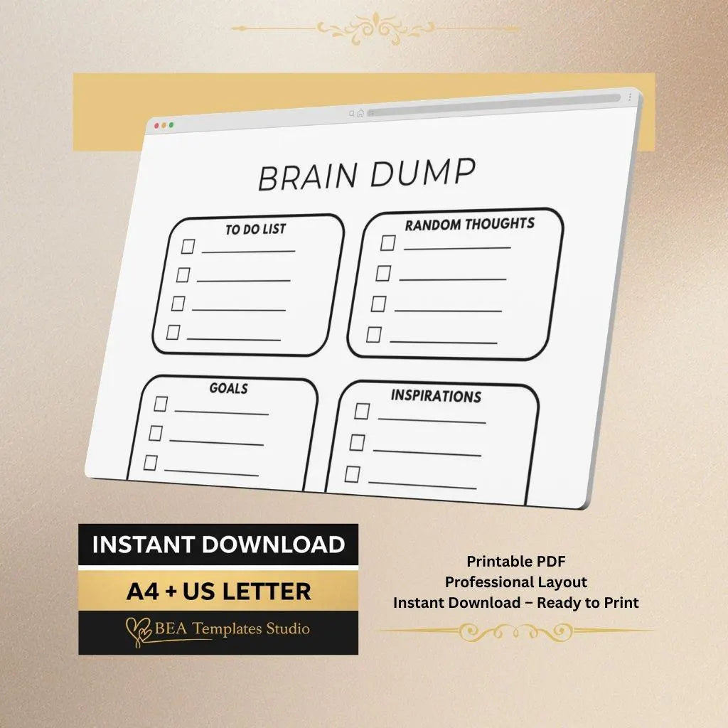 Brain Dump Worksheet Printable Minimalist Stress Relief Planner Page PDF English A4 US Letter