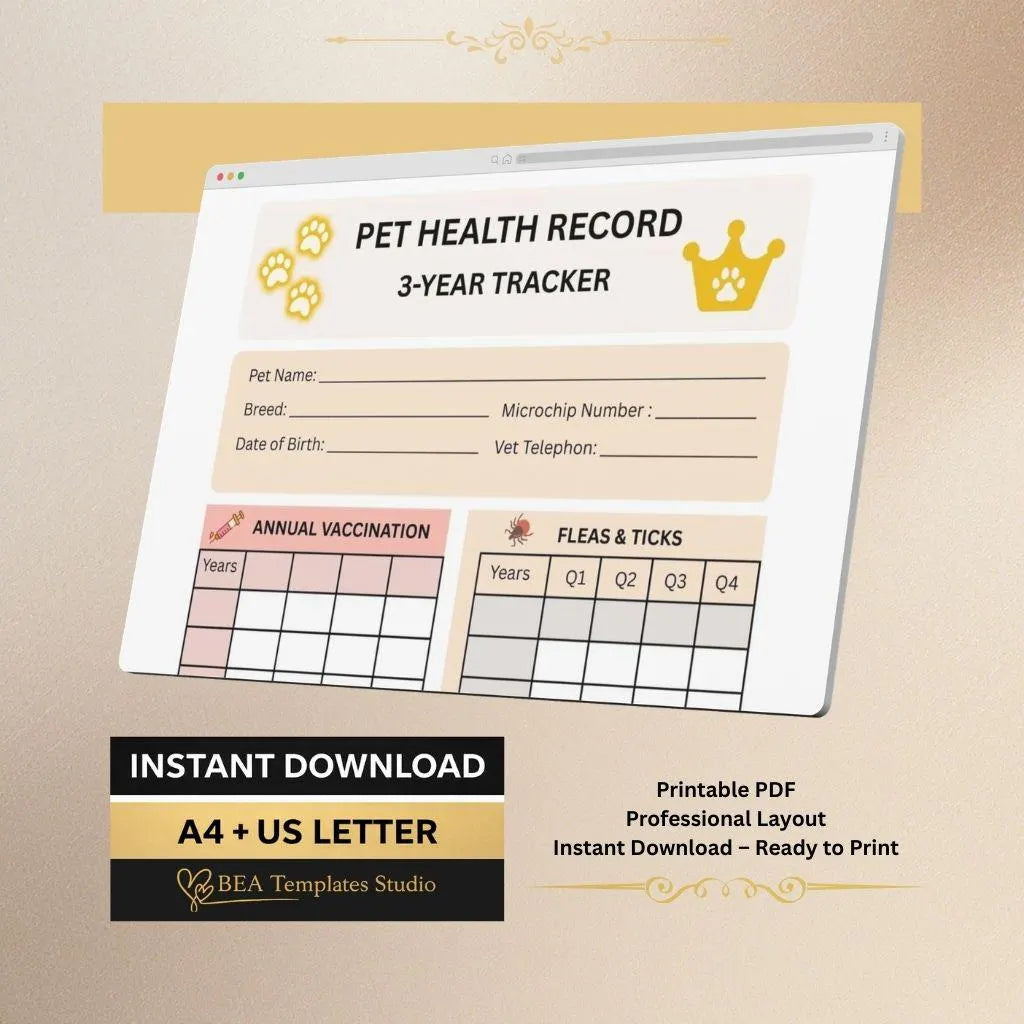 Pet Health Record Tracker (3-Year, PDF Download)