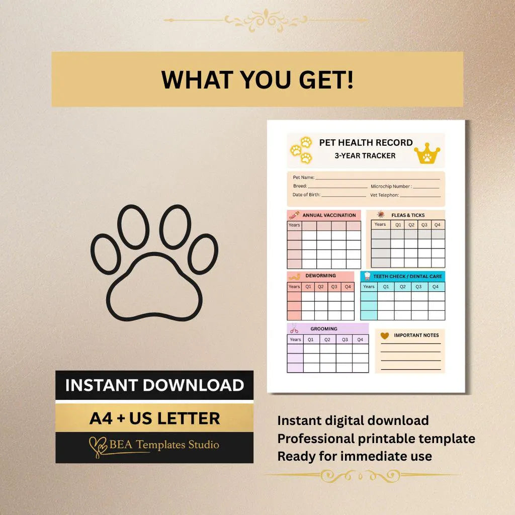 Pet Health Record Tracker (3-Year, PDF Download)