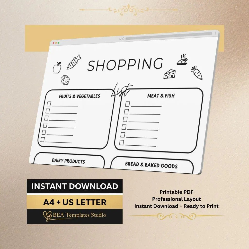 Printable Grocery List PDF A4 US Letter Minimalist Shopping List Template Digital Download