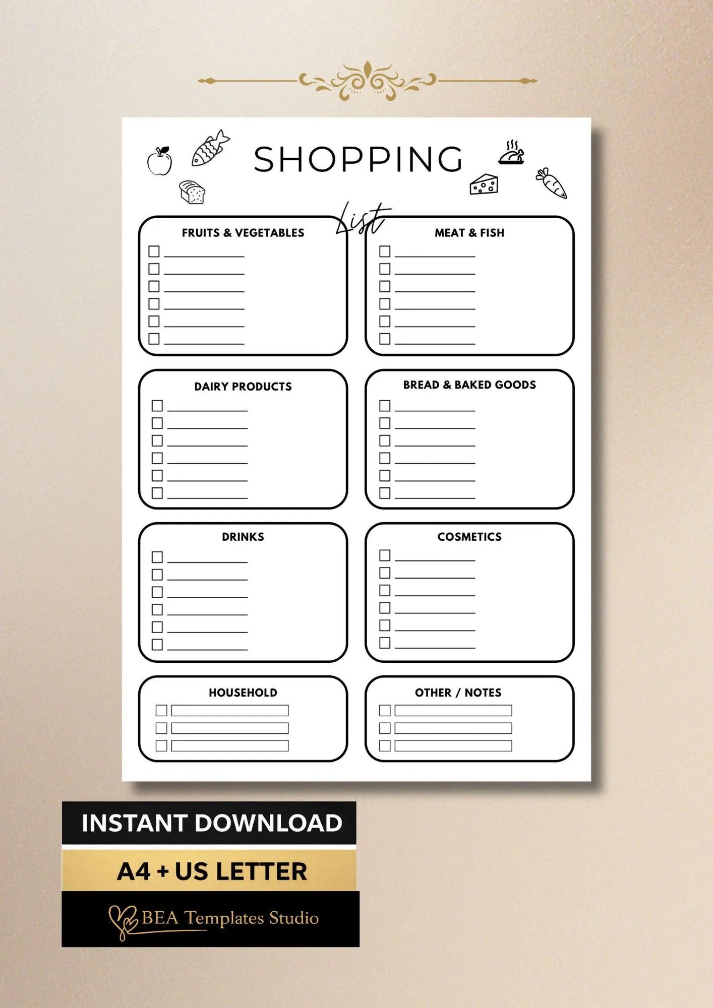 Printable Grocery List PDF A4 US Letter Minimalist Shopping List Template Digital Download