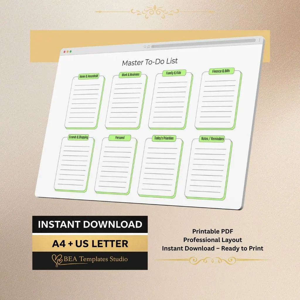 Master To Do List Printable PDF 3 Color Versions A4 US Letter Task Planner