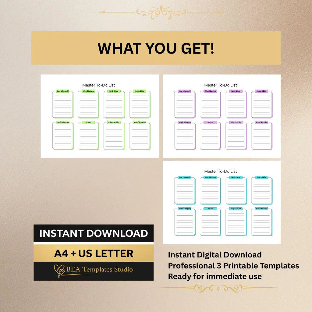Master To Do List Printable PDF 3 Color Versions A4 US Letter Task Planner
