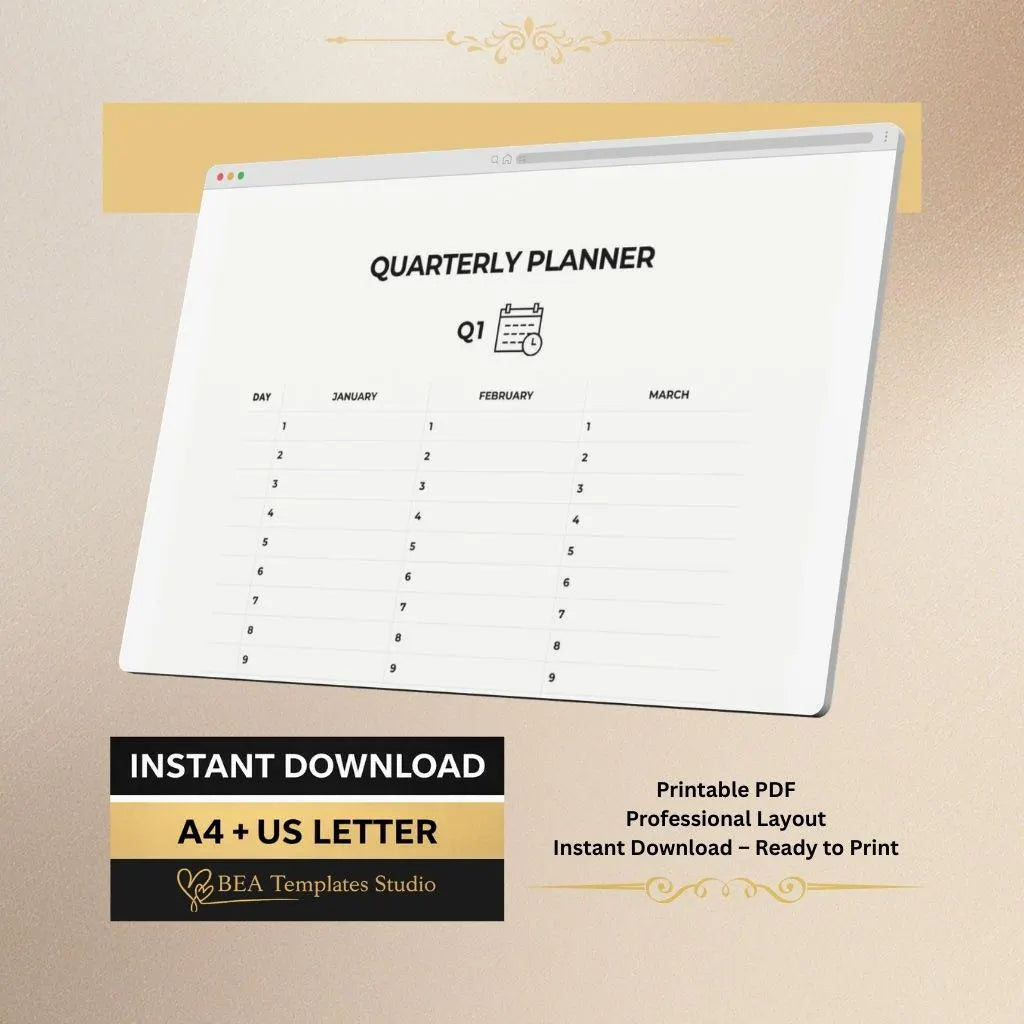 Printable Quarterly Planner PDF Q1 Q2 Q3 Q4 Minimalist Productivity Planner A4 US Letter
