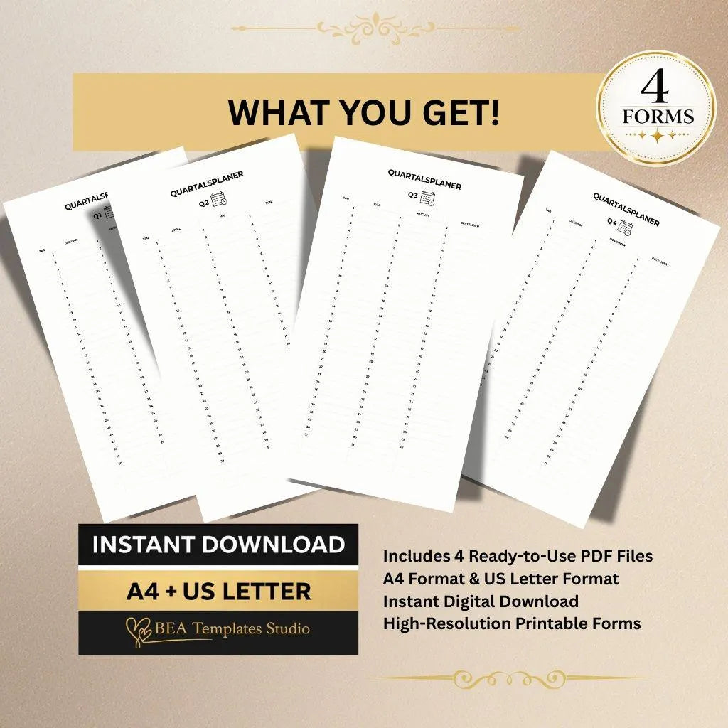 Printable Quarterly Planner PDF Q1 Q2 Q3 Q4 Minimalist Productivity Planner A4 US Letter