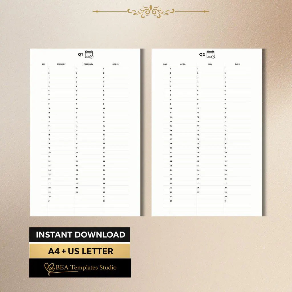 Printable Quarterly Planner PDF Q1 Q2 Q3 Q4 Minimalist Productivity Planner A4 US Letter