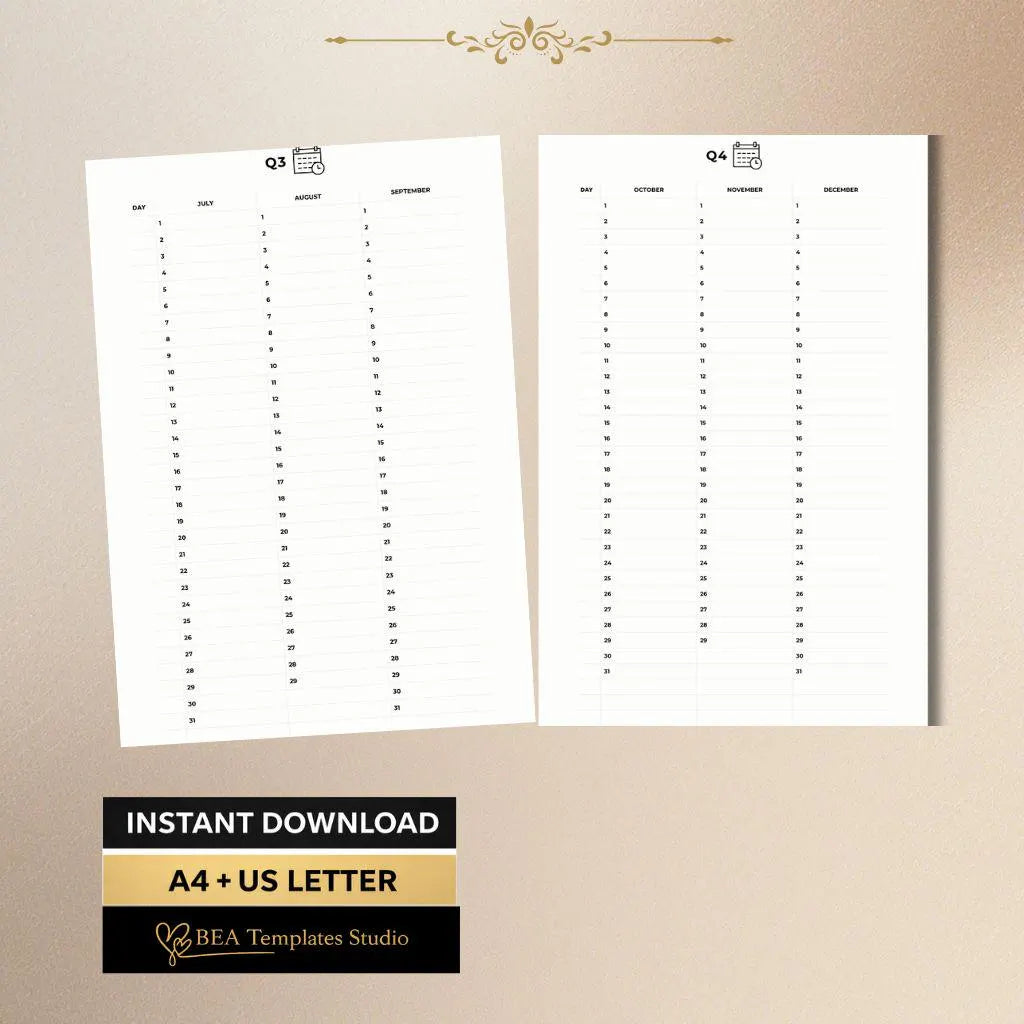 Printable Quarterly Planner PDF Q1 Q2 Q3 Q4 Minimalist Productivity Planner A4 US Letter