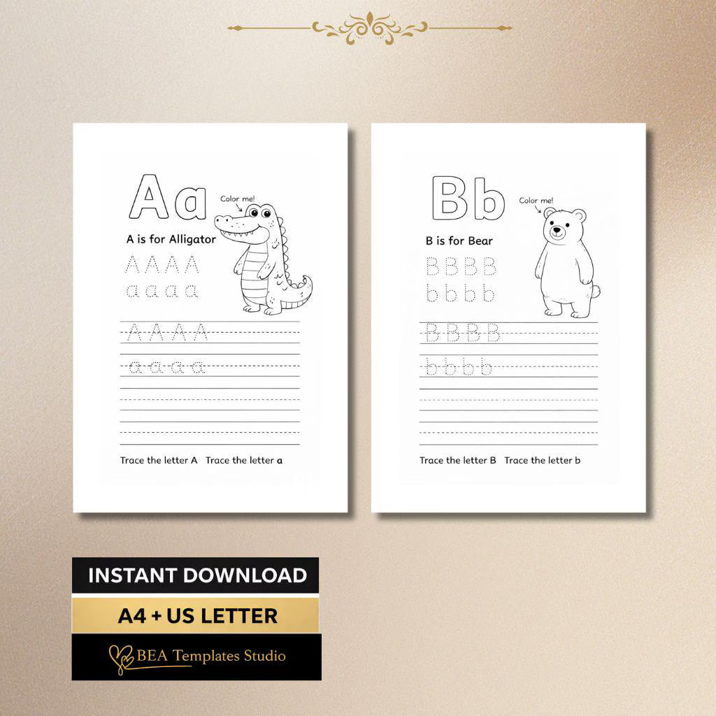 A–F Alphabet Tracing Worksheets, Animal Letter Practice, Preschool Printable PDF