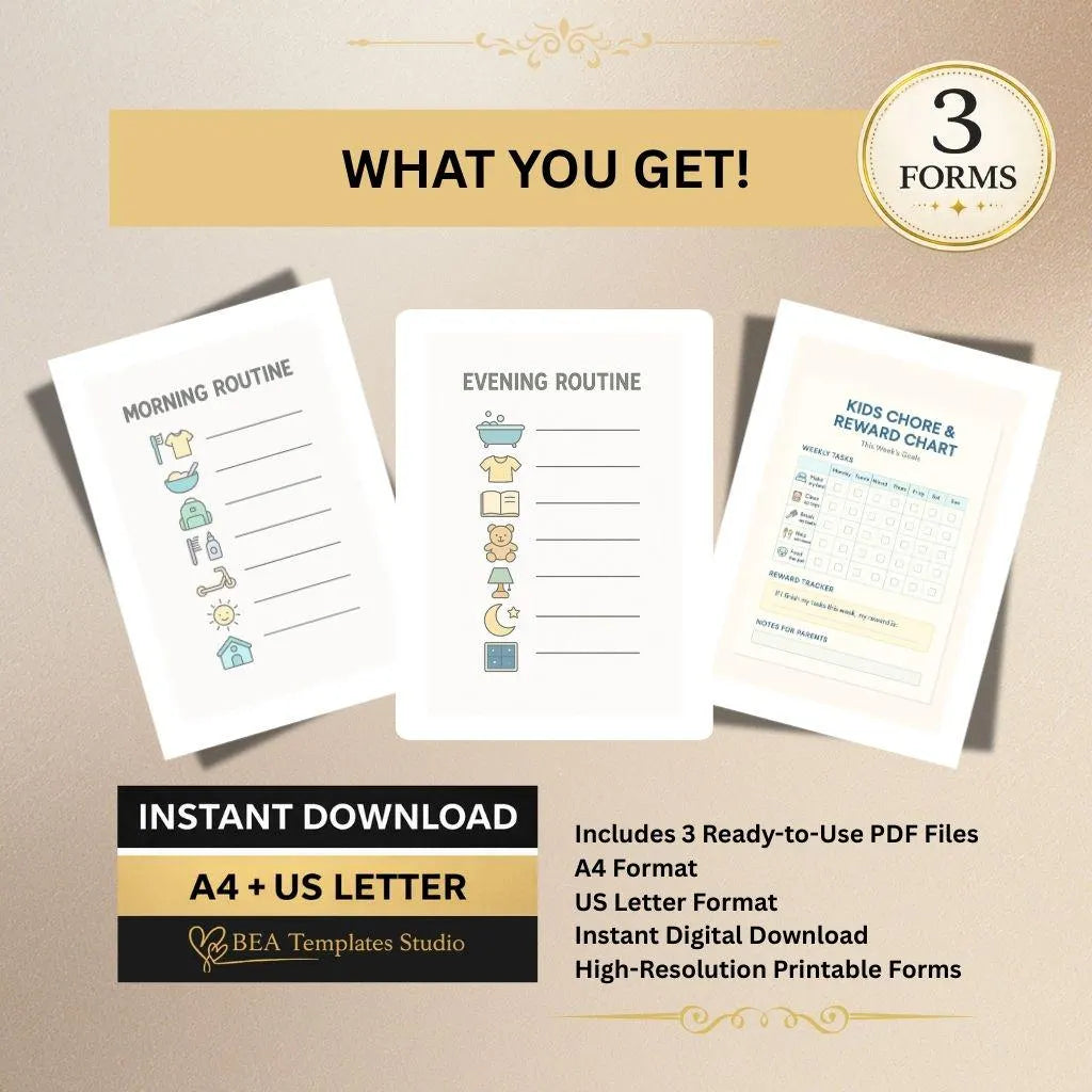 Kids Routine Chart Bundle Chore Reward Tracker Printable PDF US Letter A4