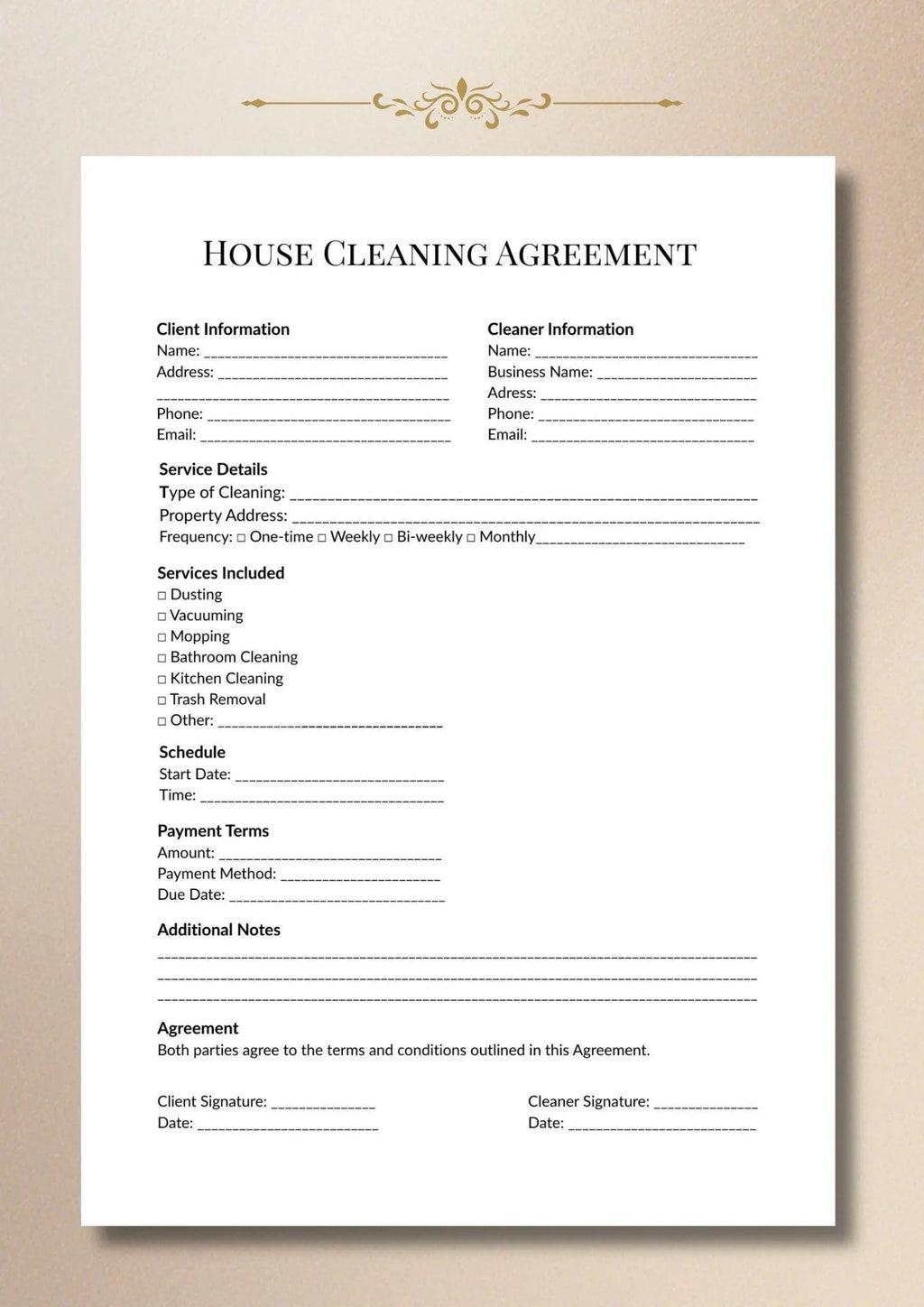 House Cleaning Agreement Template, Service Contract for Cleaning Business, Client Form A4 US Letter