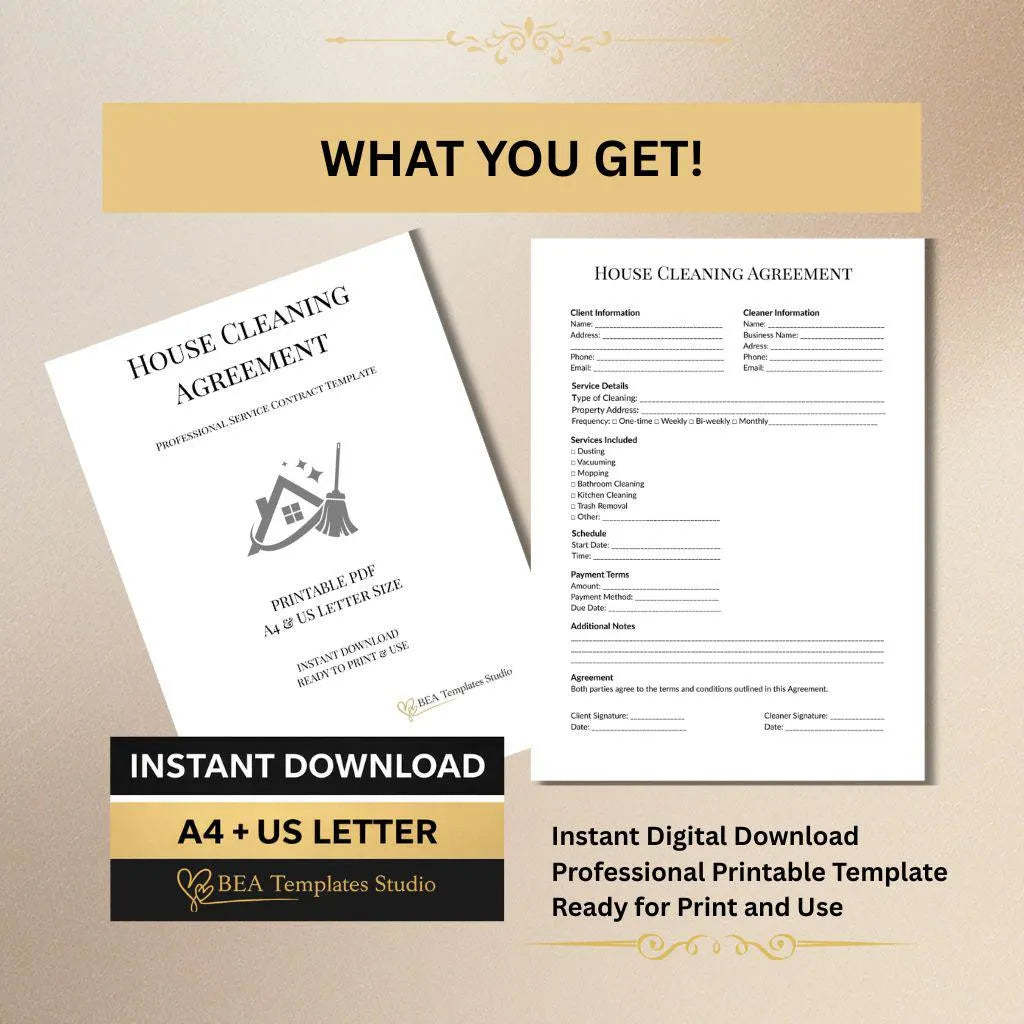 House Cleaning Agreement Template, Service Contract for Cleaning Business, Client Form A4 US Letter