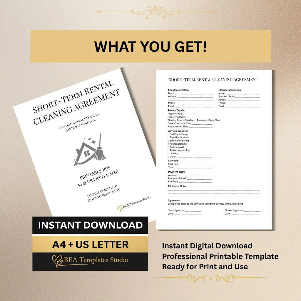 Short Term Rental Cleaning Agreement Template, Vacation Contract (A4/US Letter)