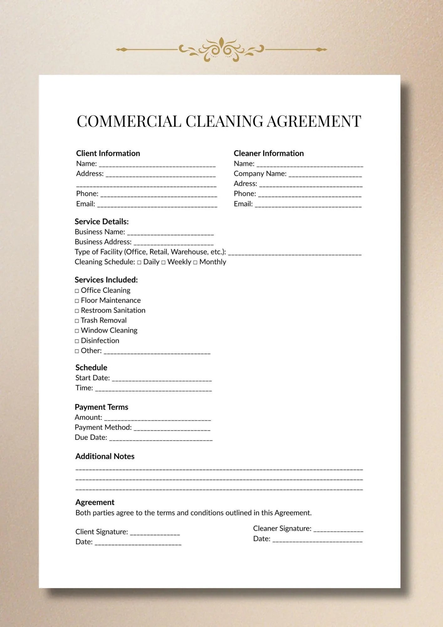 Commercial Cleaning Contract Template Printable PDF, Service Agreement, Business Contract A4 US Letter