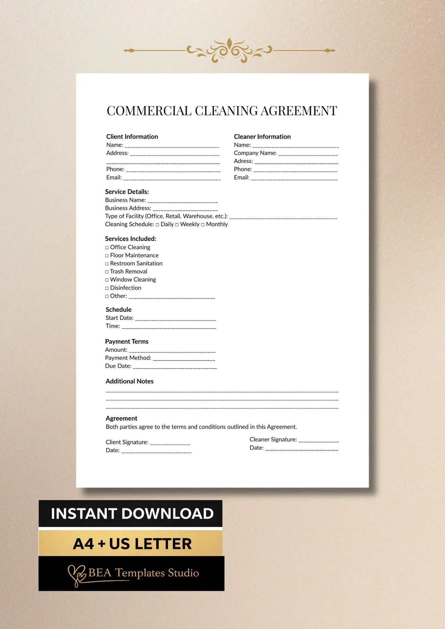 Commercial Cleaning Contract Template Printable PDF, Service Agreement, Business Contract A4 US Letter