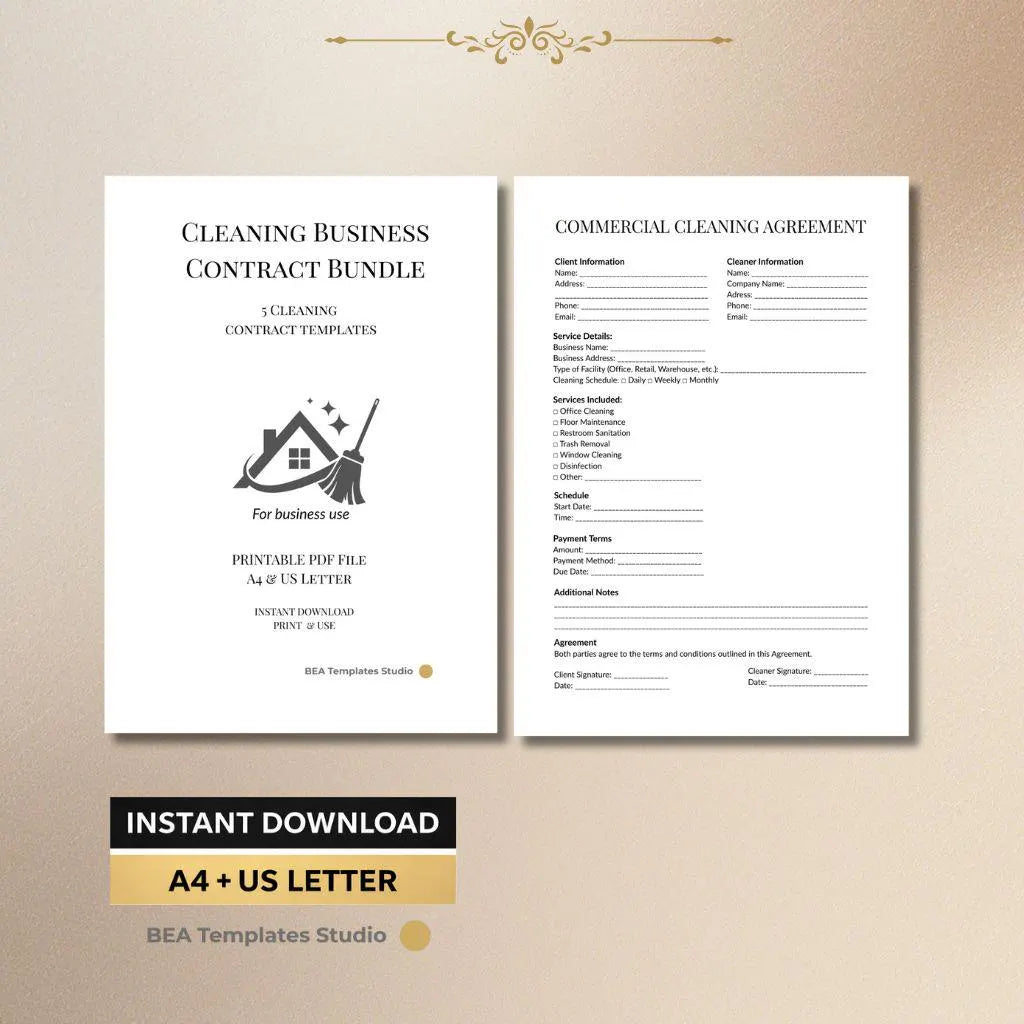 Cleaning Contract Template, House Cleaning Agreement, Business Forms for Cleaners, Commercial PDF