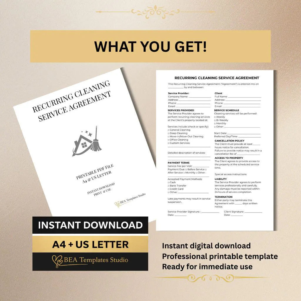 Recurring Cleaning Contract, Service Agreement Template, House & Office Cleaning, Printable PDF
