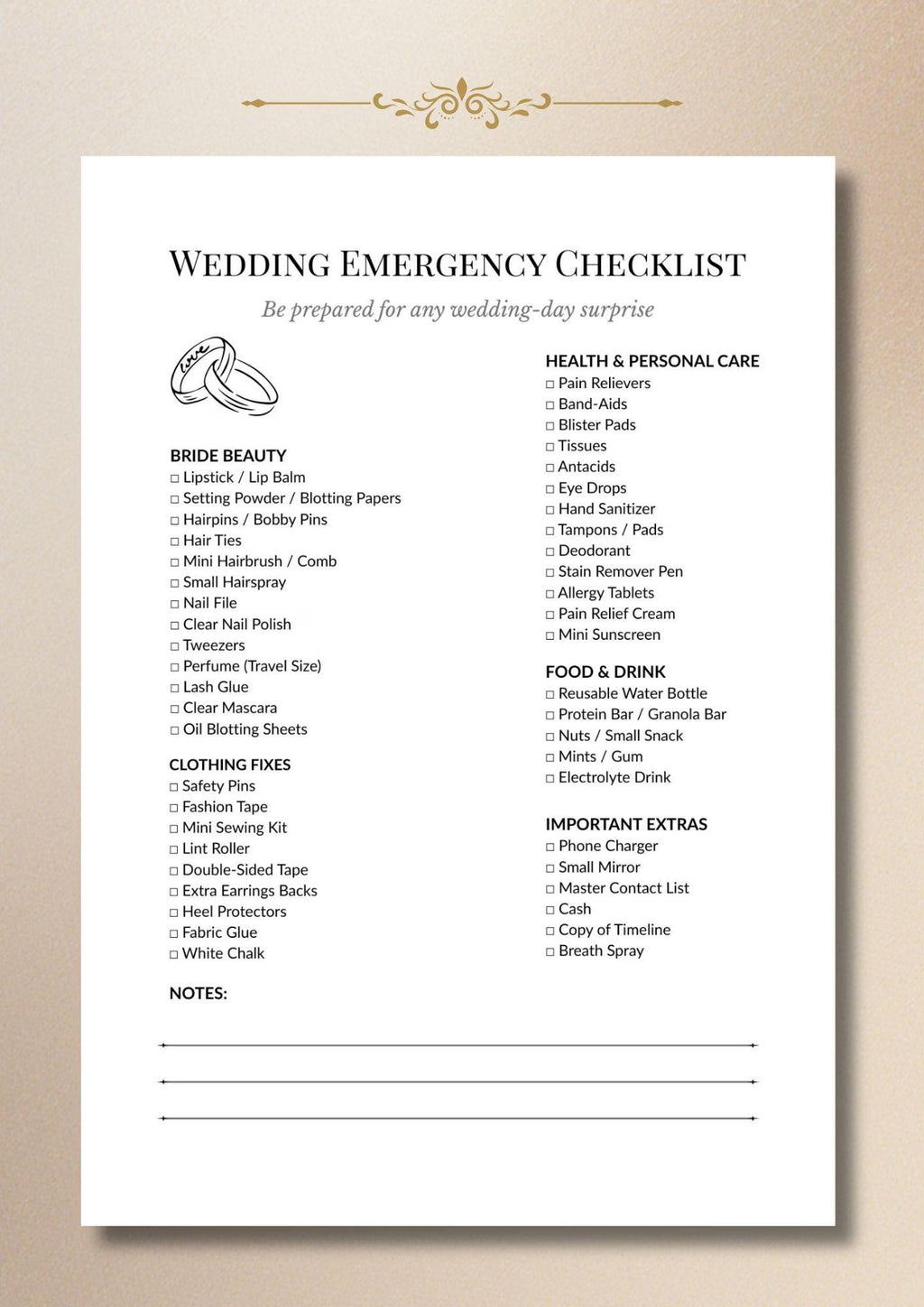 Wedding Emergency Checklist, Bridal Day Essentials List, Bride Emergency Planner