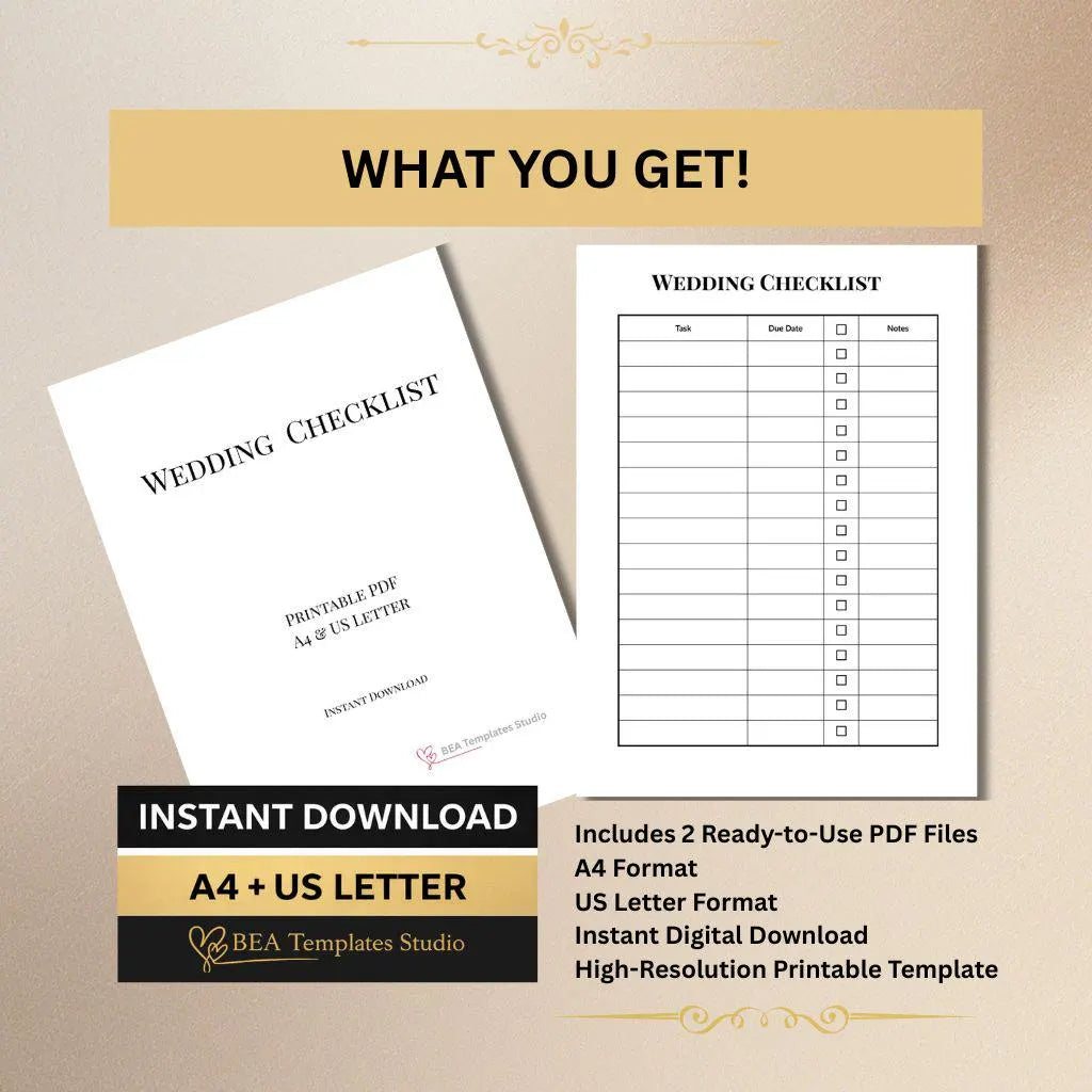 Wedding Checklist, Bridal Planner, Wedding Organizer, Printable PDF A4 US Letter