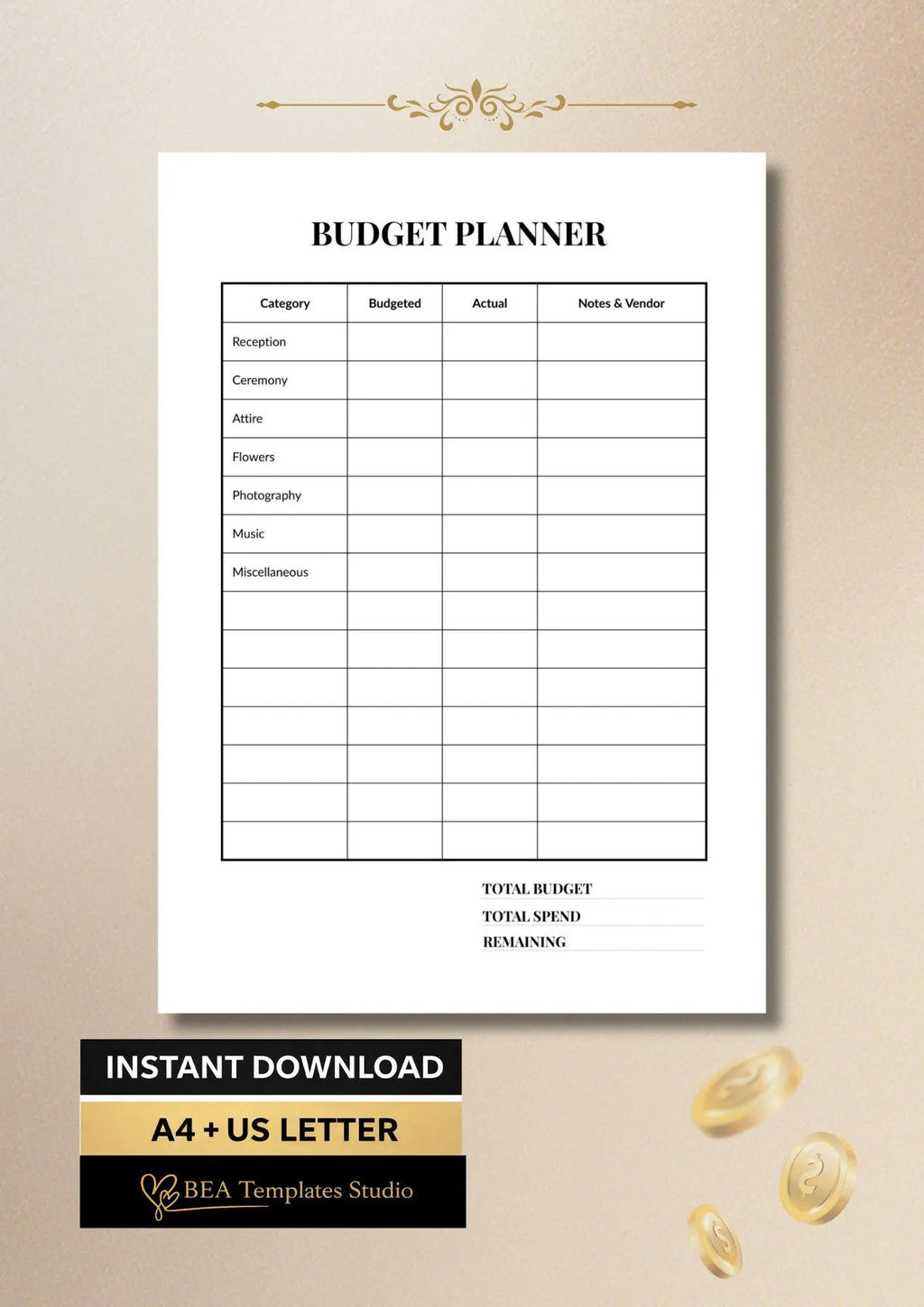 Wedding Budget Planner, Bridal Expense Tracker, Budget Template Printable A4 US Letter