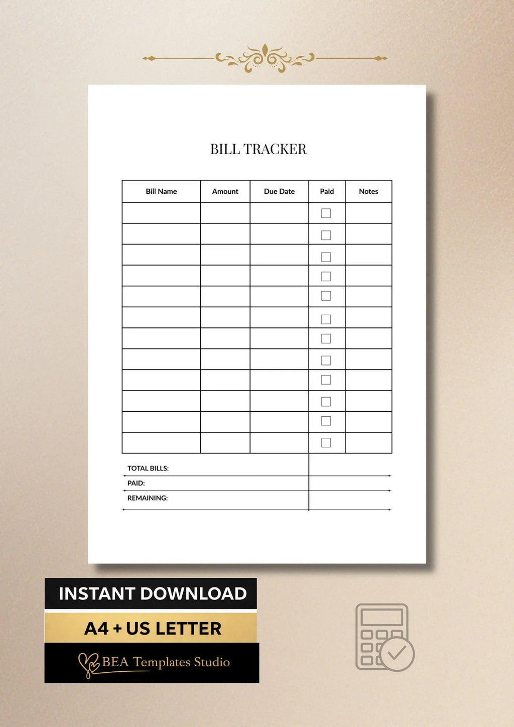 Bill Tracker, Monthly Budget Planner, Expense Tracker A4 US Letter