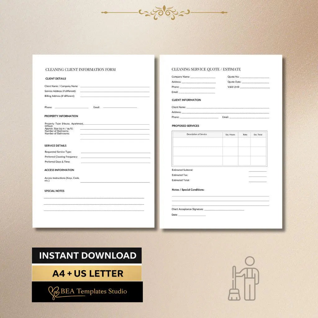Cleaning Business Bundle Invoice Quote Client Intake Checklist Work Order Forms A4 US Letter