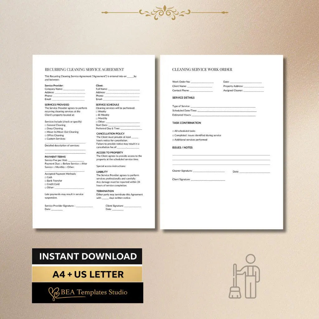 Cleaning Business Bundle Invoice Quote Client Intake Checklist Work Order Forms A4 US Letter