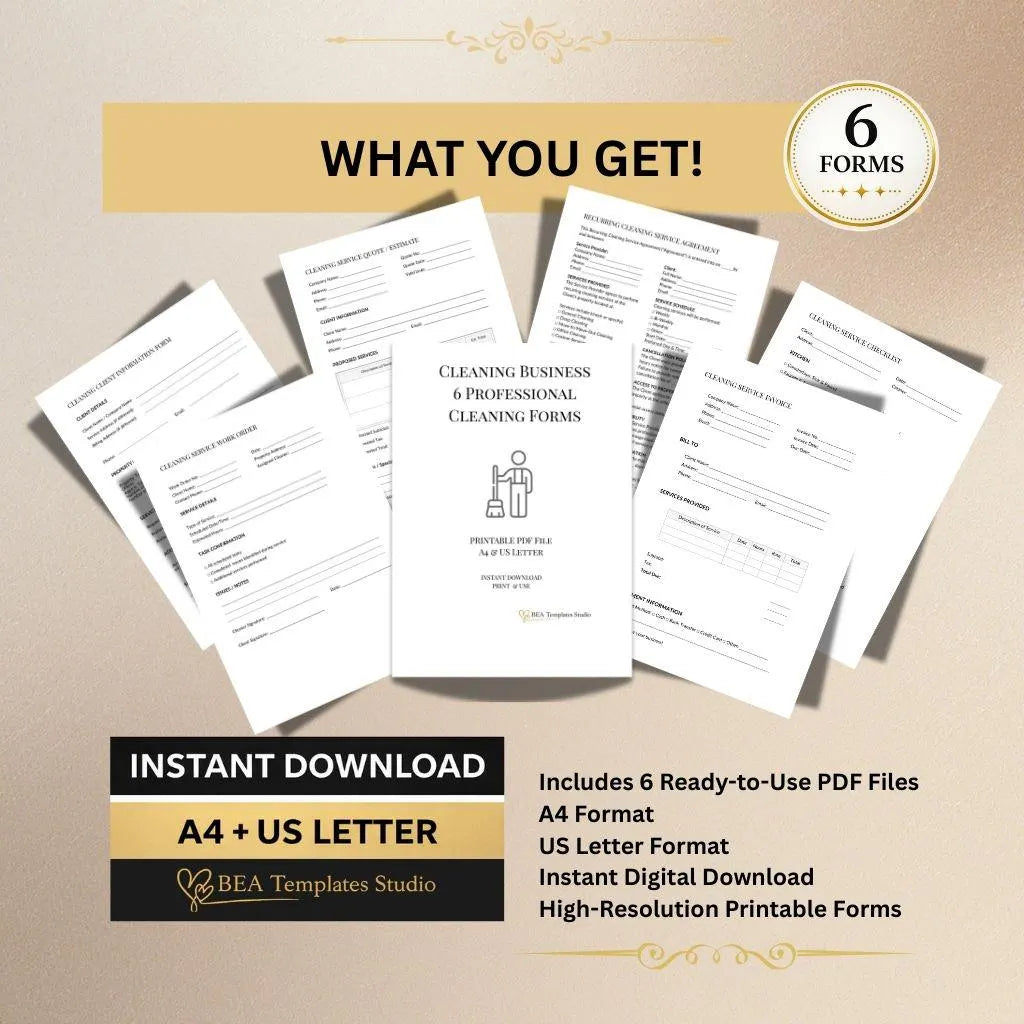 Cleaning Business Bundle Invoice Quote Client Intake Checklist Work Order Forms A4 US Letter