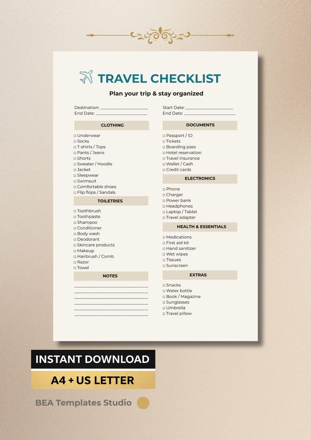 Travel Checklist Printable PDF, Packing List Planner, Vacation Organizer A4 US Letter