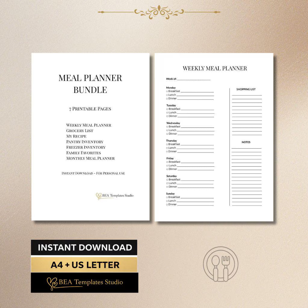 Weekly Monthly Meal Planner Bundle: Kitchen Food Tracker (A4 US Letter)