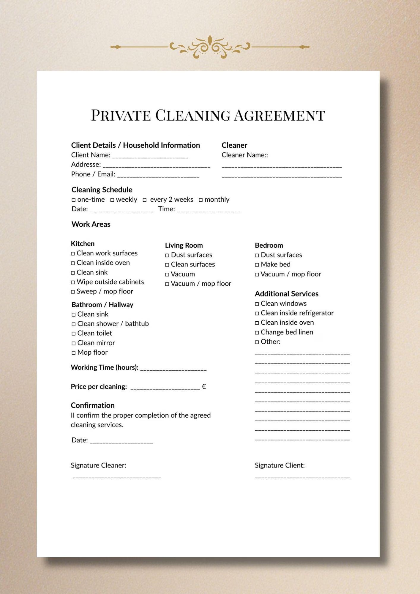Residential Cleaning Contract Template, Service Agreement PDF, Printable Editable Form