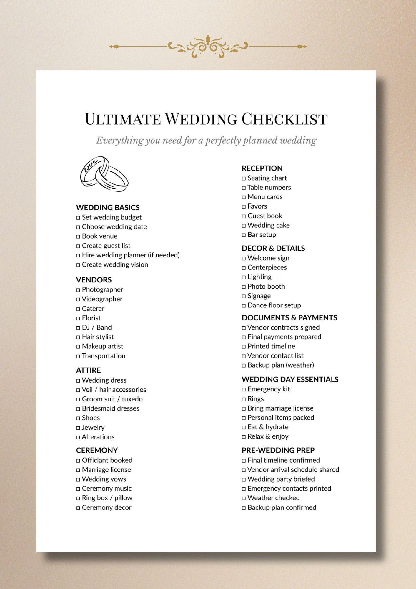Wedding Checklist Printable, Bridal Planner Organizer, Wedding Planning Template A4 US Letter