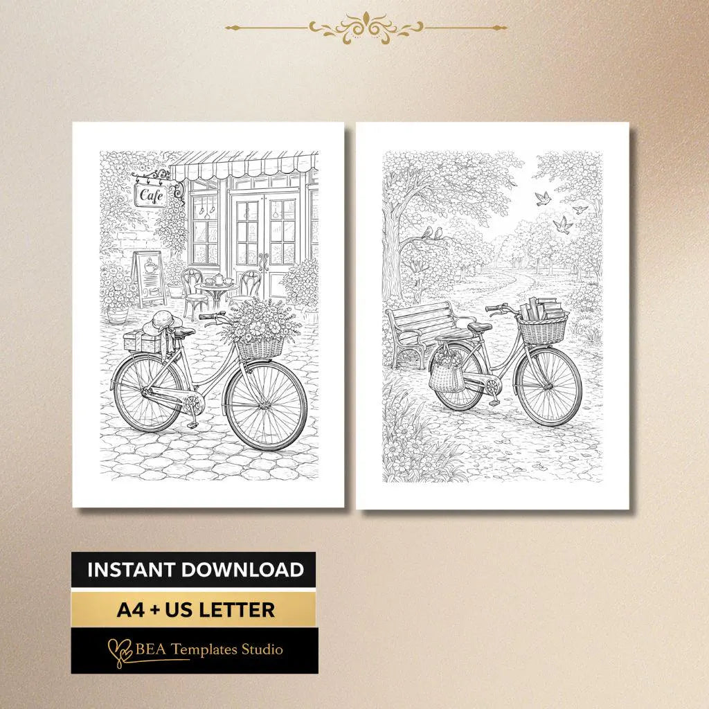 Vintage Bicycle Coloring Pages Printable PDF 6 Bike Designs for Adults A4 US Letter