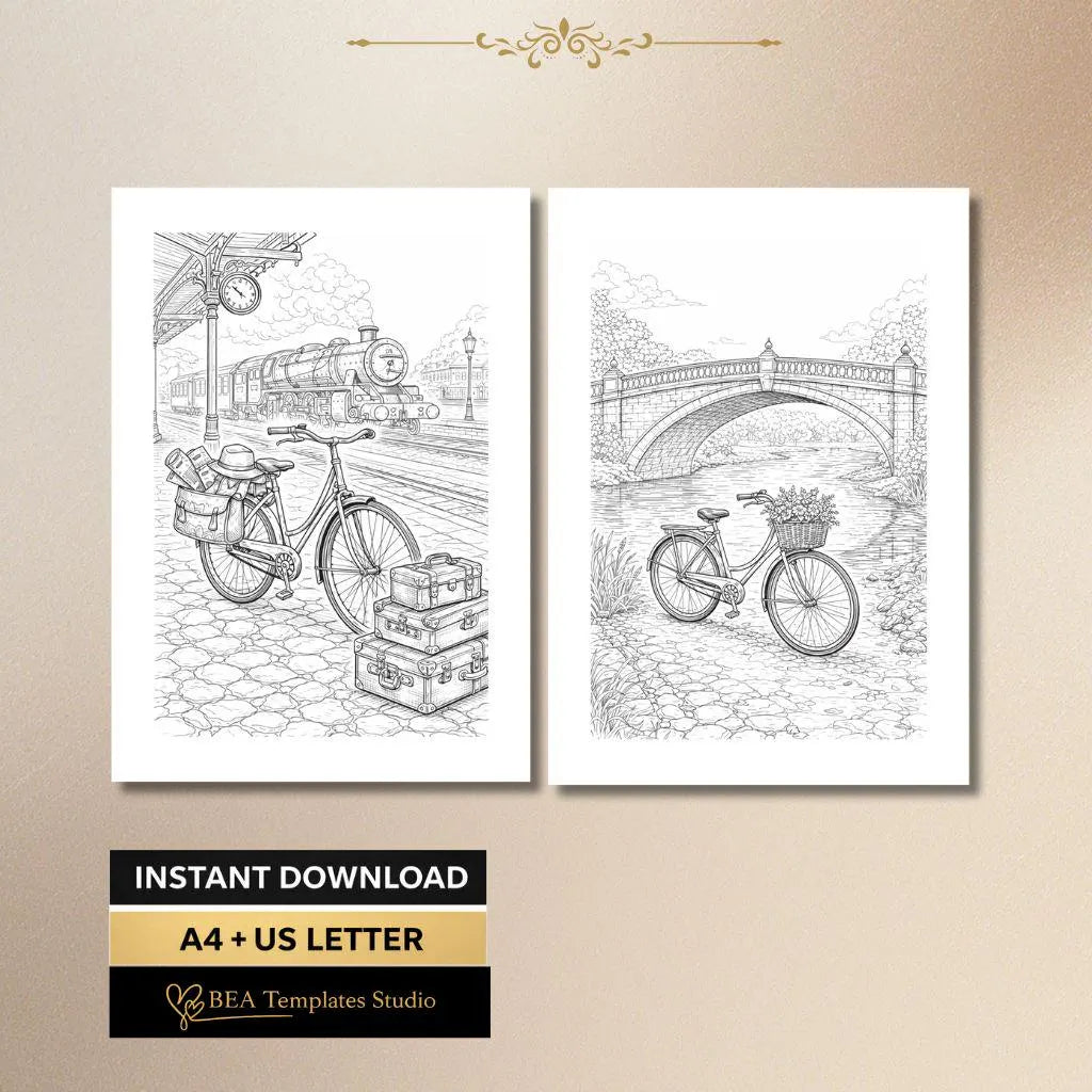 Vintage Bicycle Coloring Pages Printable PDF 6 Bike Designs for Adults A4 US Letter