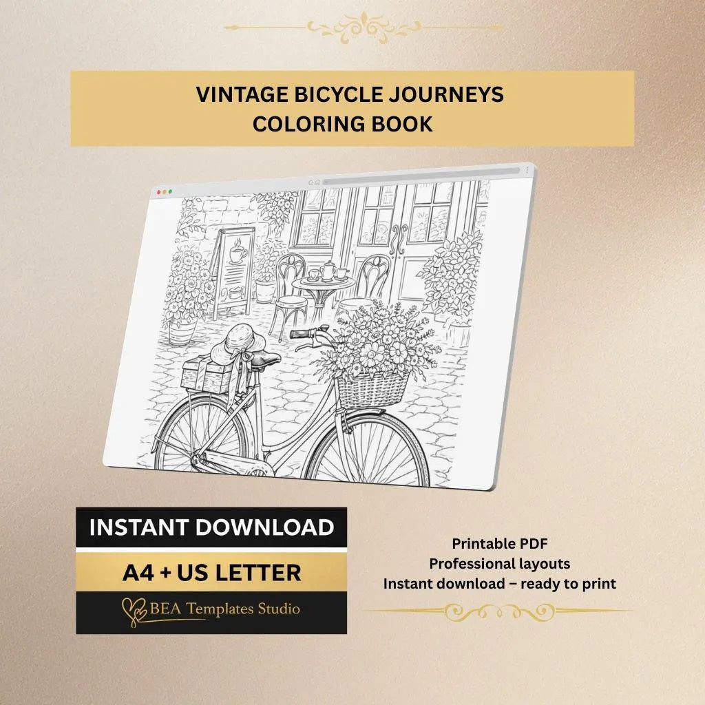 Vintage Bicycle Coloring Pages Printable PDF 6 Bike Designs for Adults A4 US Letter