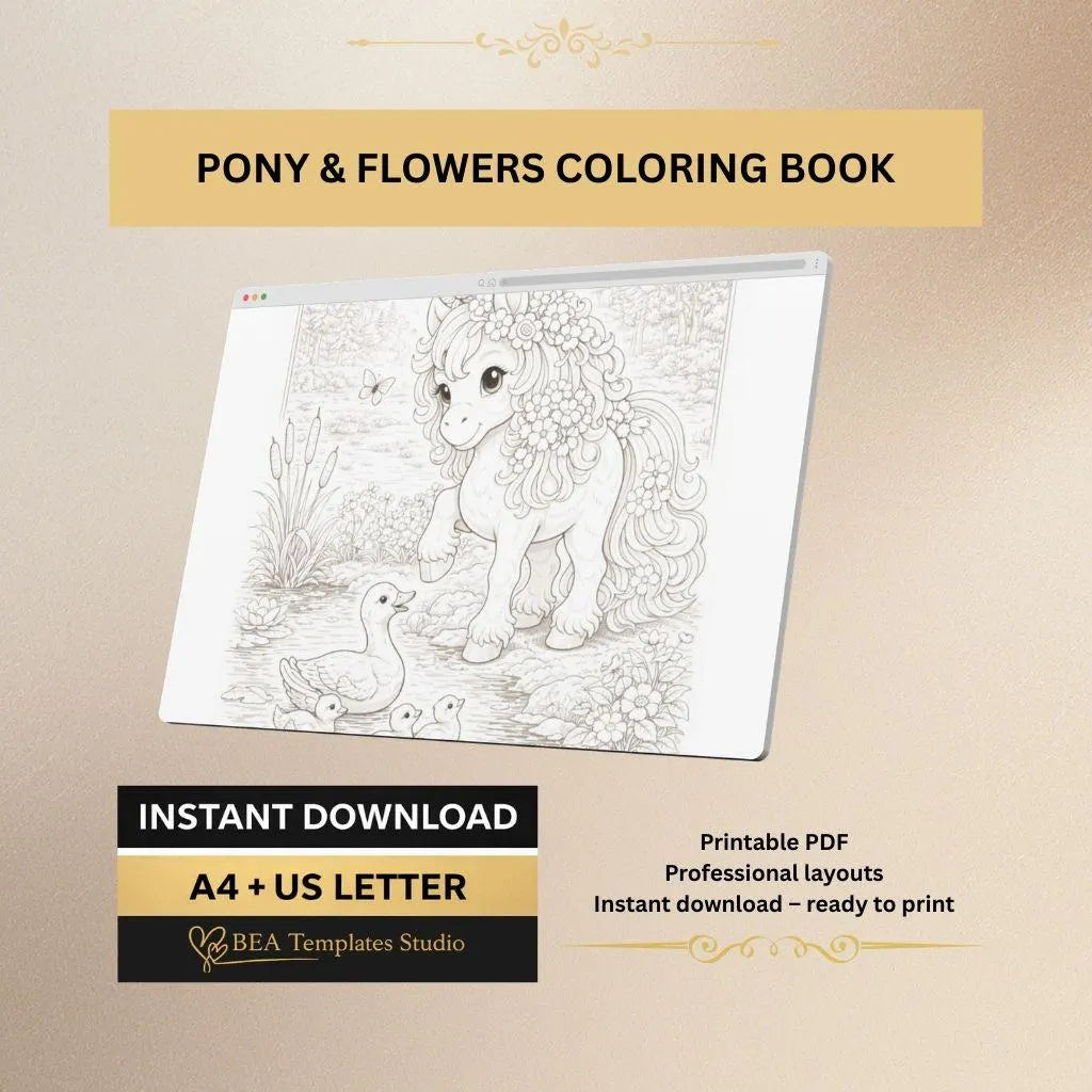 Pony and Flowers Coloring Pages for Kids (Digital Download)