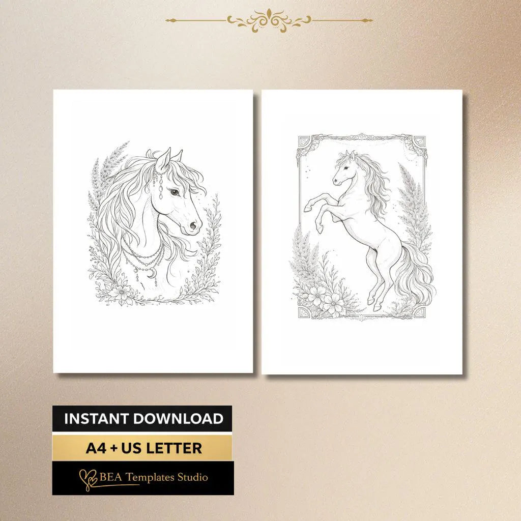 Floral Horse Coloring Pages Printable PDF 6 Elegant Designs for Adults A4 US Letter