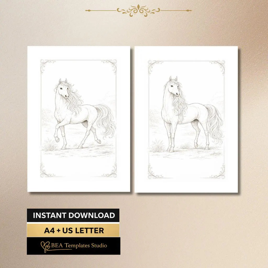 Vintage Horse Coloring Pages Printable PDF 6 Elegant Designs for Adults A4 US Letter