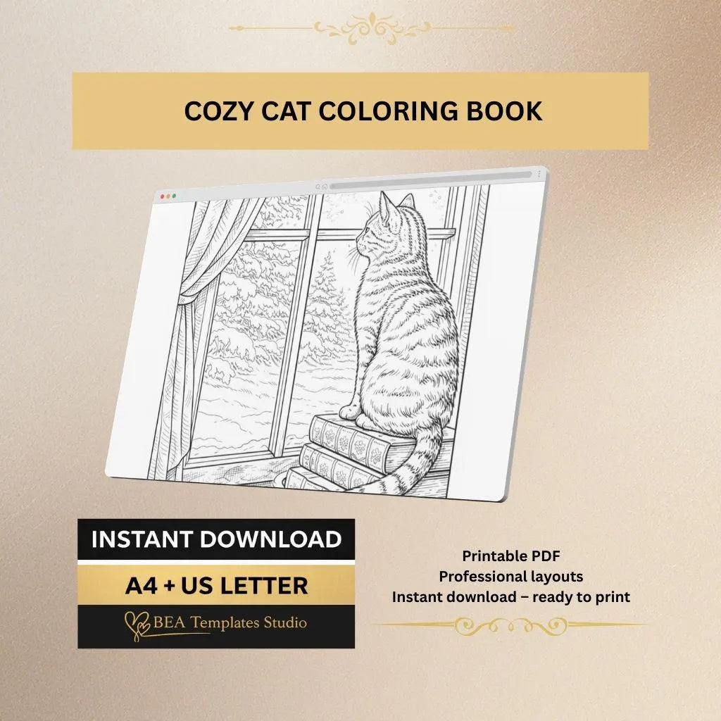 Cozy Cat Coloring Pages Printable PDF 6 Designs for Adults A4 US Letter