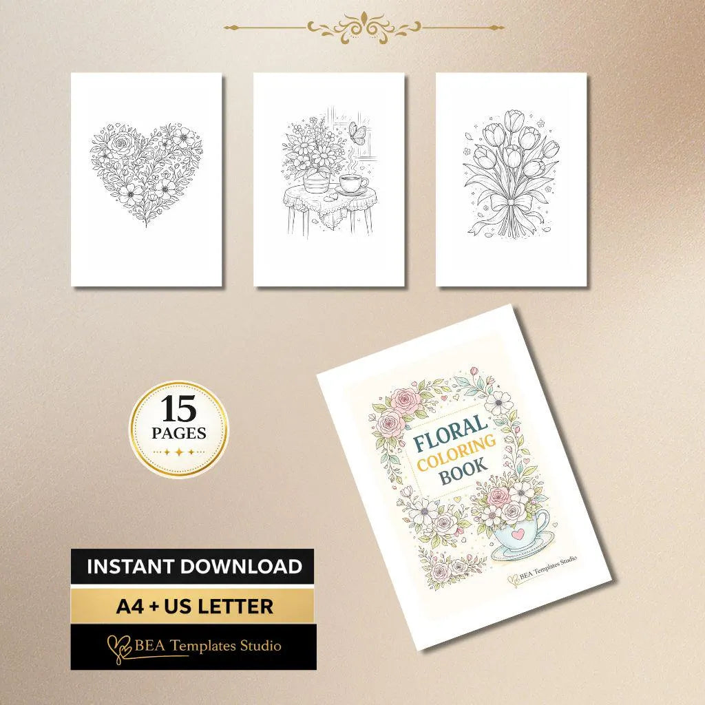 Flower Coloring Pages Printable Floral Coloring Book PDF 15 Designs A4 US Letter