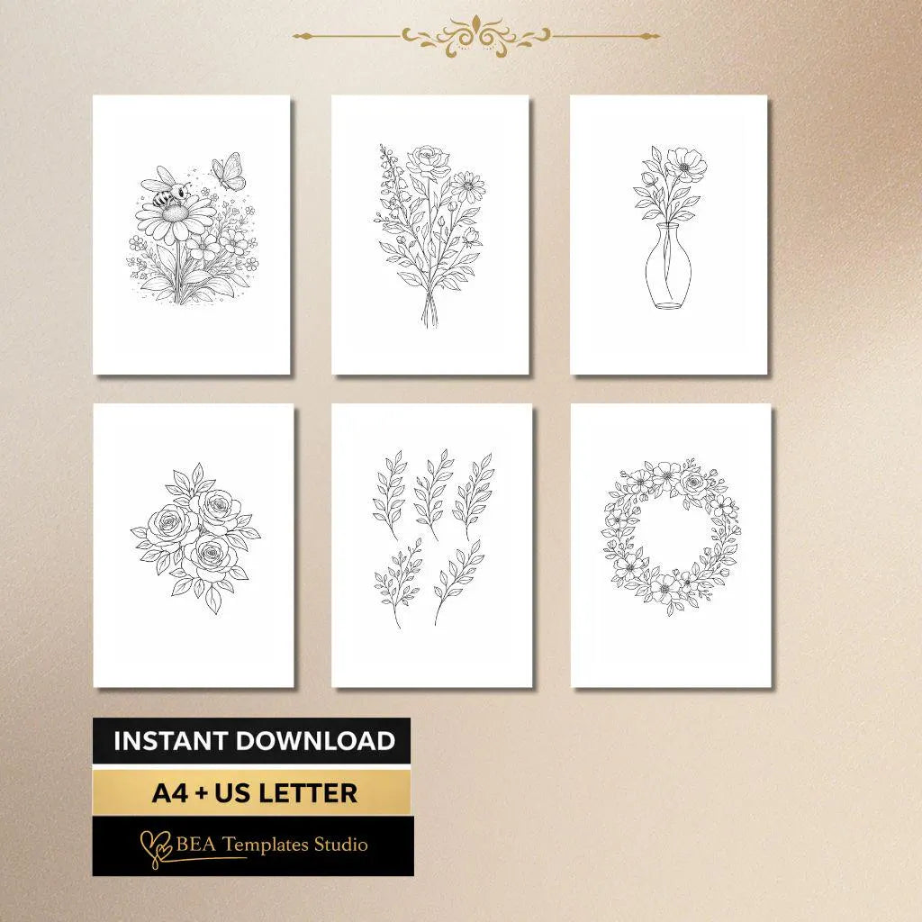 Flower Coloring Pages Printable Floral Coloring Book PDF 15 Designs A4 US Letter