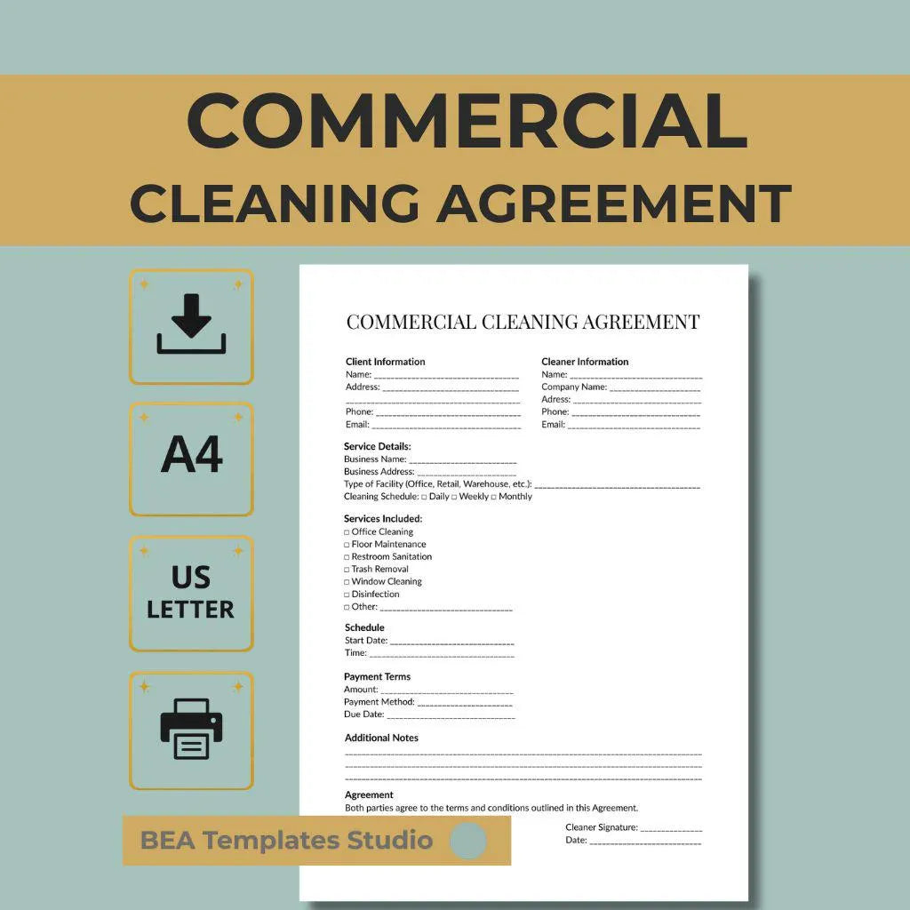Commercial Cleaning Contract Template Printable PDF, Service Agreement, Business Contract A4 US Letter