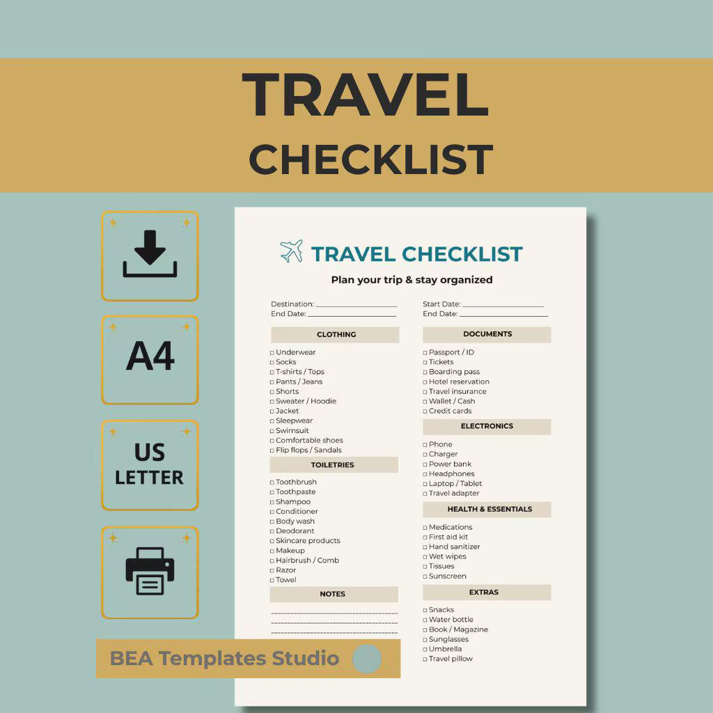 Travel Checklist Printable PDF, Packing List Planner, Vacation Organizer A4 US Letter