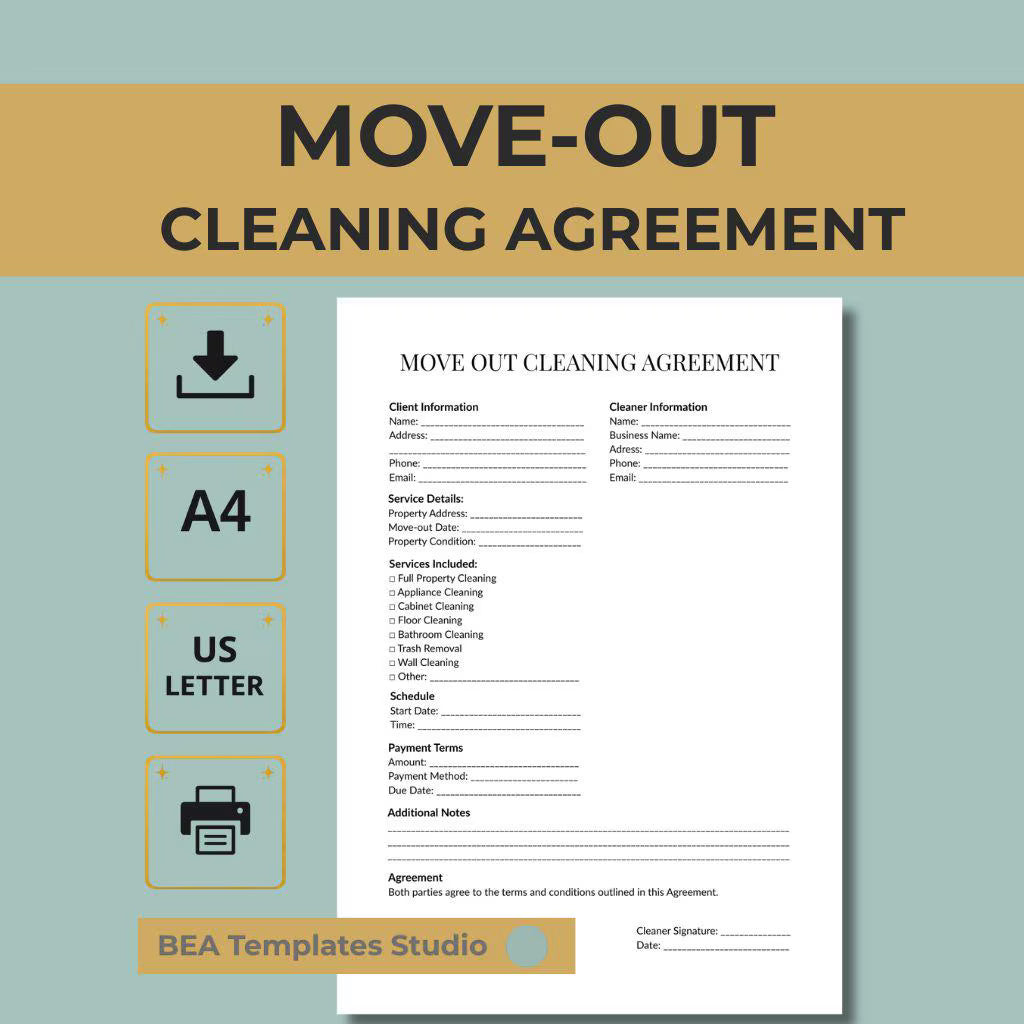 Move Out Cleaning Agreement Template, Tenant Contract, Cleaning Business Service Form (Digital Download)