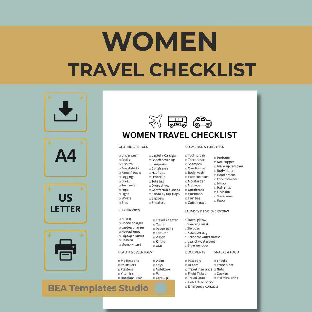 Travel Packing List Printable, Vacation Checklist PDF, Women Trip Planner A4 US Letter